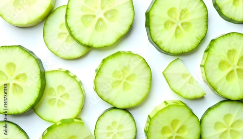 top view of cucumber slices on white background, seamless pattern
