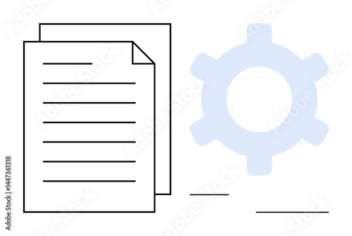 Two pages and a gear symbolizing workflow, file management, automation, system optimization, and progress. Ideal for productivity, technology, business, efficiency software tools workflow flat