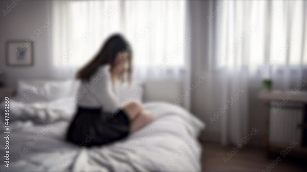 Defocus shot of young woman sitting on bed crying alone in dark room. Defocus shot of young woman sitting on bed crying alone in dark room.