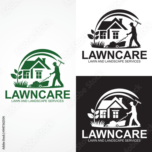 Lawncare Service Logo Featuring a House, Lawnmower, and Gardener logo