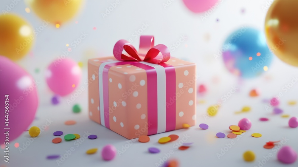 Gift box with confetti and balloons