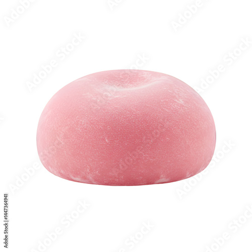 Round, pale pink confection, smooth surface, likely a mochi