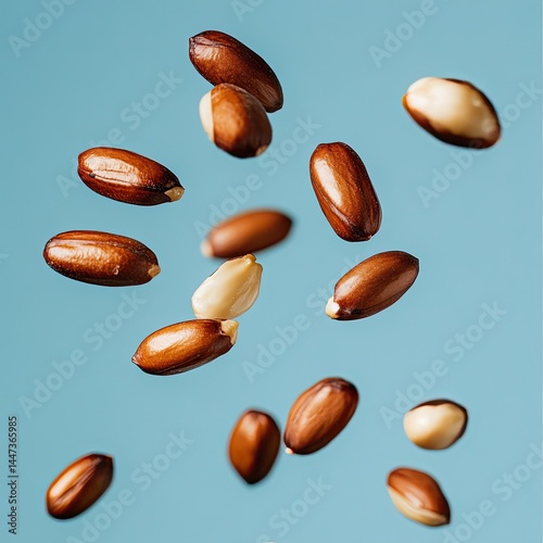 Wallpaper Mural Roasted nuts in mid-air  A close-up view of numerous nuts,  a variety of  brown and off-white in color, suspended in mid-air, against a light-blue background Torontodigital.ca