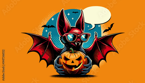 Scary bat in glasses and Halloween pumpkin, empty speech bubble, party invitation poster in retro Pop Art vector