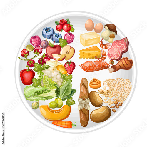 A plate of healthy food proteins fats carbohydrates vitamins
