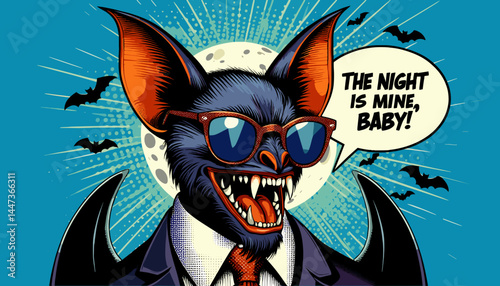 Scary bat in glasses saying "The night in mine, baby!", retro Pop Art style, Halloween mood, bright colored vector