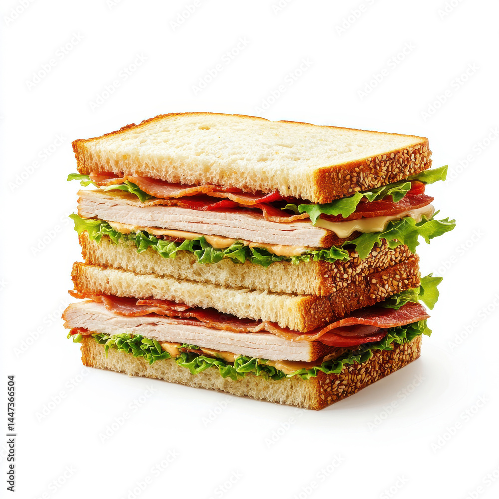 Classic club sandwich with turkey, bacon, lettuce, tomato, and mayo, cut into quarters on white background Classic club sandwich with turkey, bacon, lettuce, tomato, and mayo, cut into quarters on white background