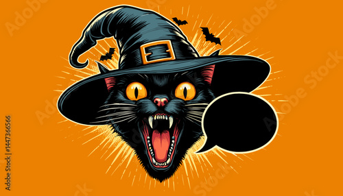 Hissing black cat in a witch's hat, empty black speech bubble, party invitation poster in retro Pop Art vector