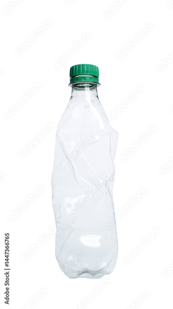 Empty crumpled plastic bottle with green bottle cap isolated on white background Empty crumpled plastic bottle with green bottle cap isolated on white background