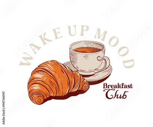 Coffee and croissant hand drawn vector art, Retro vintage French breakfast vector design with typography, Breakfast club artwork for t shirt, poster, print