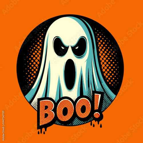 Ghost saying "boo!" in bright retro Pop Art style vector