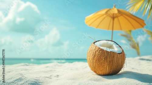 a halved coconut resting on soft white sand with a bright yellow beach umbrella in the background