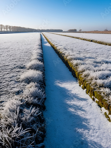 Frozen meadows with snow in the residual peat area of the Zuidplaspolder near the railroad tracks