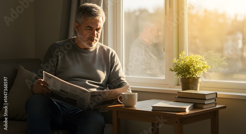 Serene Morning: Mature Man Reading by Sunlight Window