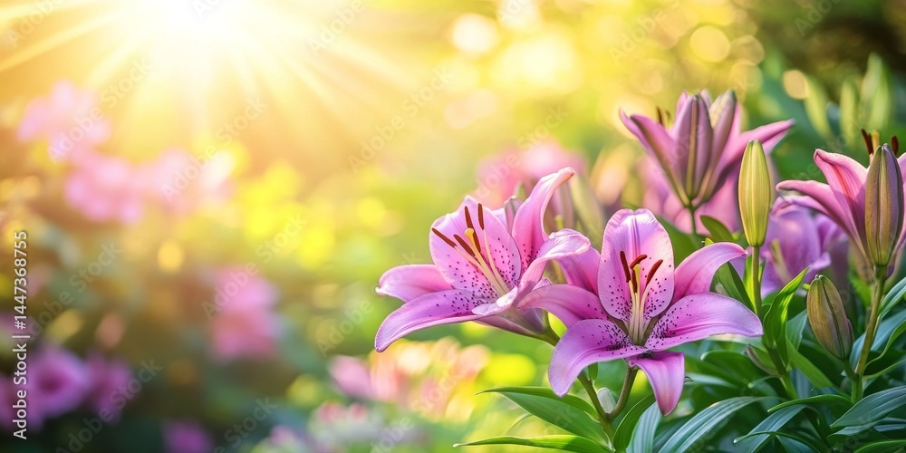 Fototapeta premium Sunlit pink lilies in a vibrant garden 