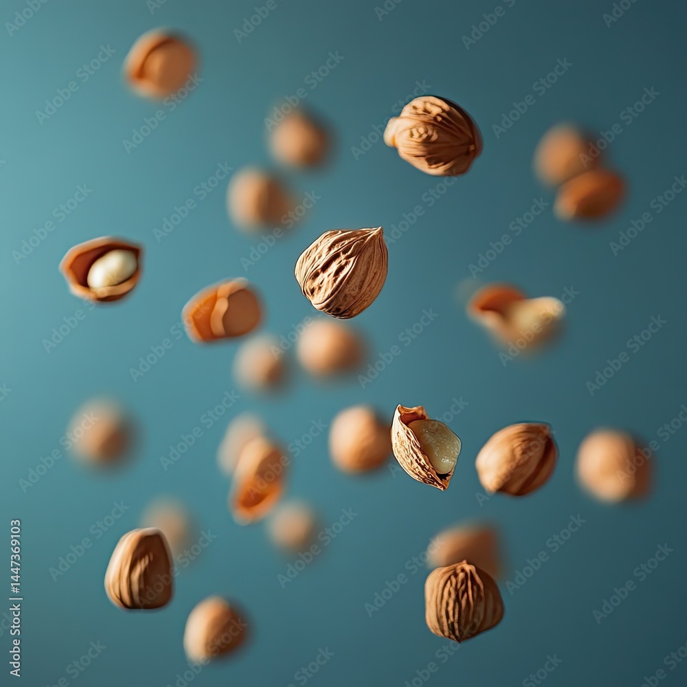 Walnuts in mid-air, a healthy snack Walnuts in mid-air, a healthy snack