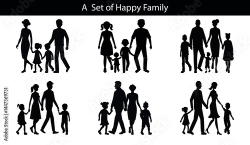 Silhouette Set of Diverse Families Walking Together Holding Hands on Transparent Background