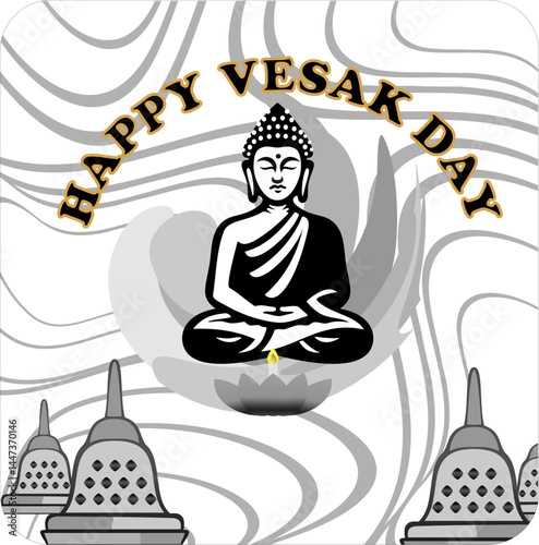 Happy Vesak Day Greeting Card Design. Happy Buddha Day with Siddhartha Gautama Statue Design Vector Illustration