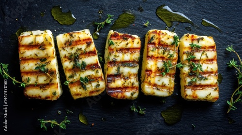 Grilled Cheese Slices on Black Slate with Fresh Herbs and Olive Oil Drizzle
