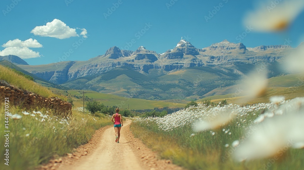 Fototapeta premium Woman Explores Scenic Mountain Trail Through Summer Wildflowers, Blurred Background, Copy Space
