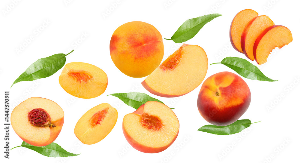 flying pieces of nectarine with leaves isolated on white background. clipping path flying pieces of nectarine with leaves isolated on white background. clipping path