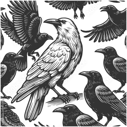rare white crow surrounded by black crows, symbolizing uniqueness, nonconformity, and standing out from the crowd sketch engraving generative ai vector illustration. Scratch board. Black and white.