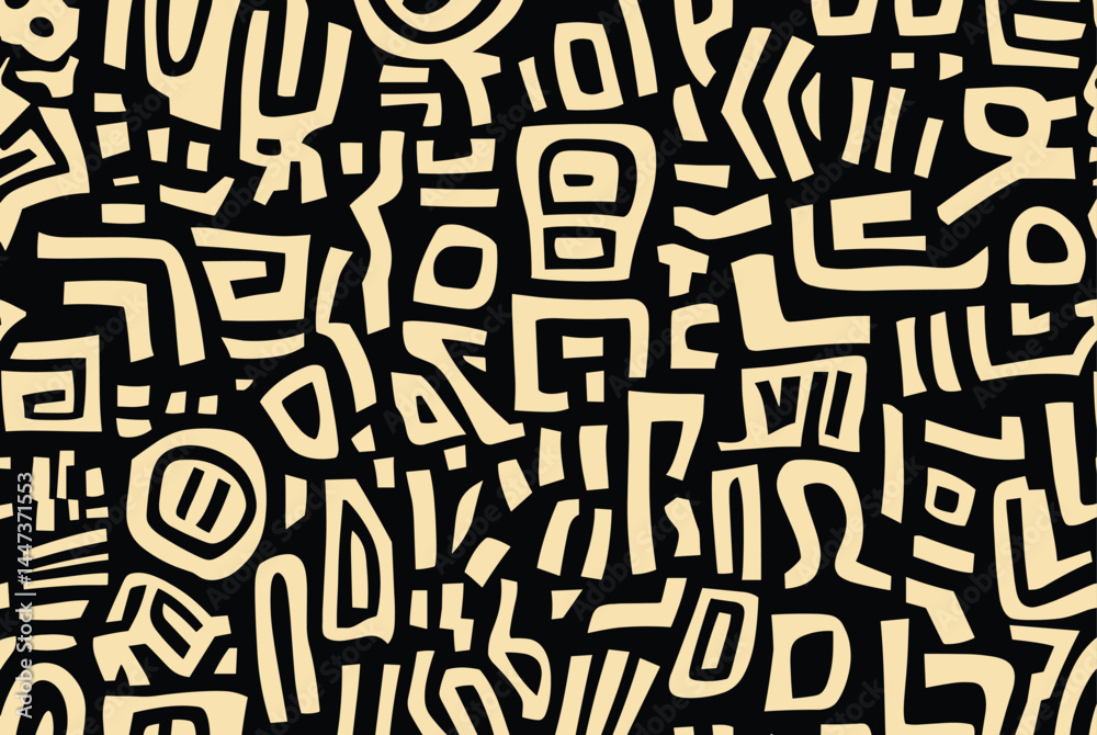 Abstract geometric pattern with simple shapes and bold lines. Seamless vector artwork with a monochrome color scheme featuring beige tones on a black background