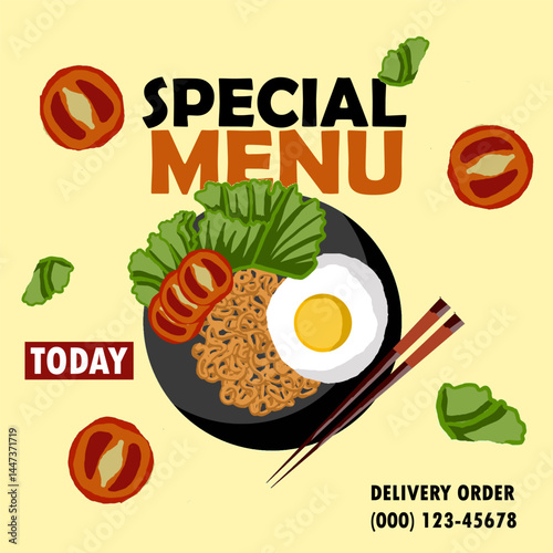 Delicious Instant Noodles Dish with Fresh Ingredients and Call to Action. Food Social Media Banner Poster