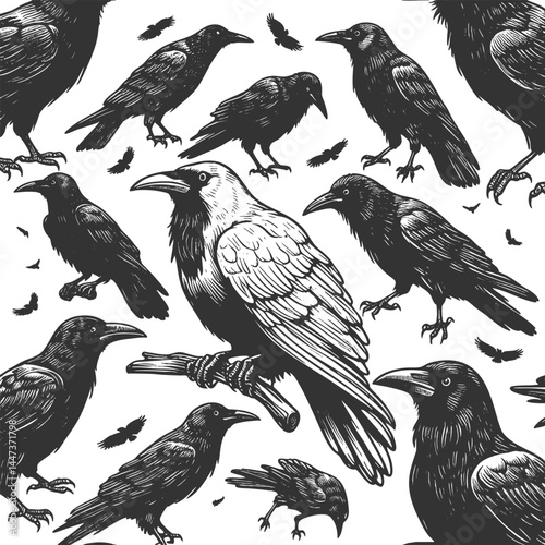 rare white crow surrounded by black crows, symbolizing uniqueness, nonconformity, and standing out from the crowd sketch engraving generative ai vector illustration. Scratch board. Black and white.
