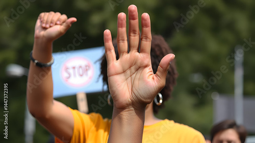 woman raised her hand for dissuade, Abuse, stop violence against women. Stop sexual harassment and rape. ai