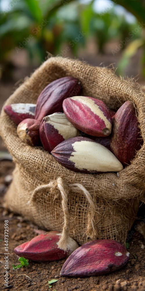 Freshly Harvested Exotic Nuts in Burlap Sack on Farm, Agriculture and Harvest Concept Freshly Harvested Exotic Nuts in Burlap Sack on Farm, Agriculture and Harvest Concept