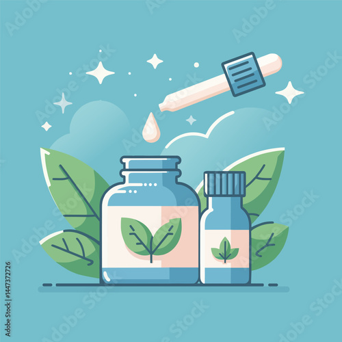 Herbal Essential Oil Bottles with Dropper – Natural Organic Remedy Illustration