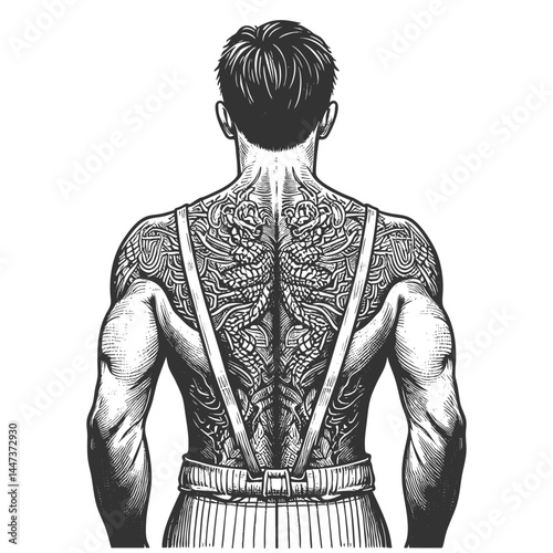 Yakuza-style warrior from behind, featuring elaborate Japanese tattoo art across his muscular back and arms sketch engraving generative ai vector illustration. Scratch board. Black and white image.