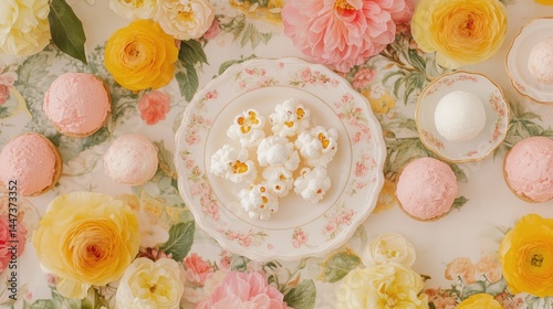 Floral Table Setting Featuring Popcorn and Cupcakes