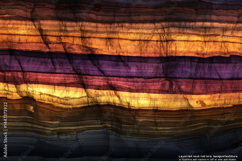 Naklejka premium Abstract close-up of colorful layered rock formations with rich purple, brown, and beige hues showcasing geological texture and patterns.