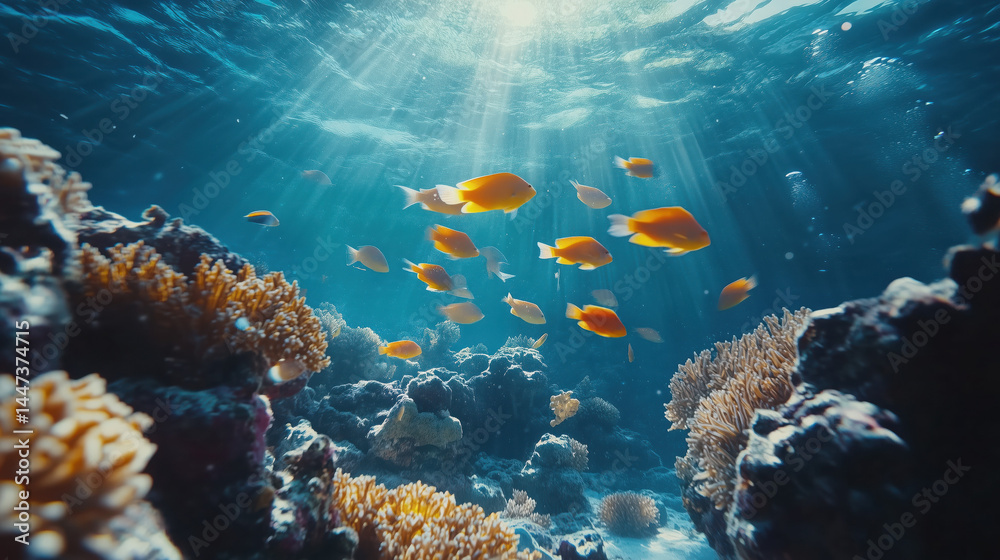 Fototapeta premium coral reef and fish, Underwater life teeming with movement.