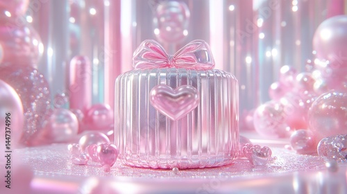 Pink Gift Box With Bow And Heart Decor