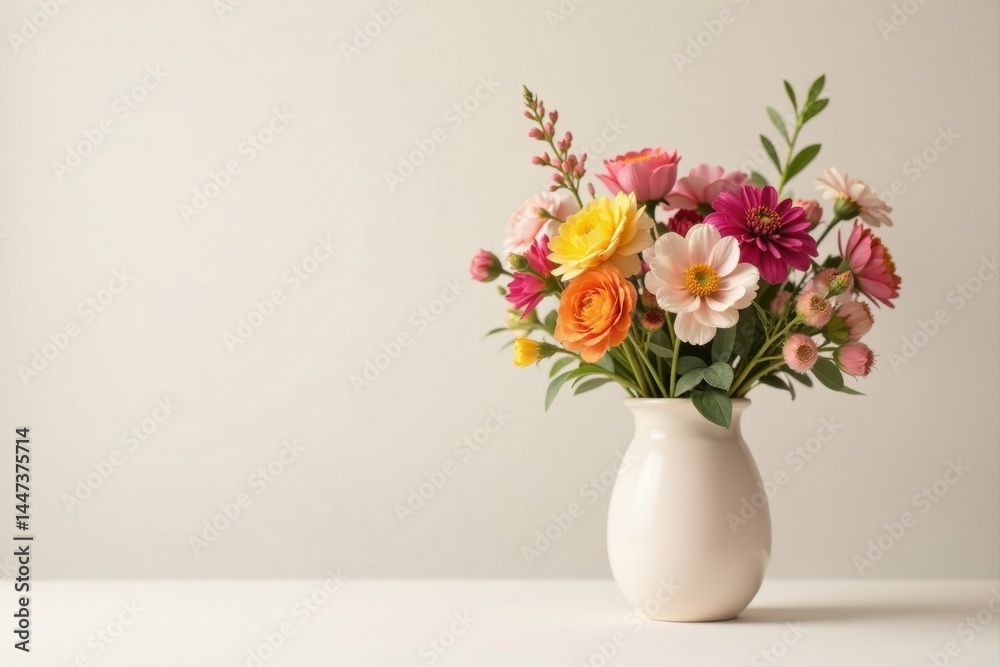 A vibrant bouquet of multicolored blossoms arranged in a simple, elegant vase, showcasing a delightful springtime aesthetic. A vibrant bouquet of multicolored blossoms arranged in a simple, elegant vase, showcasing a delightful springtime aesthetic.