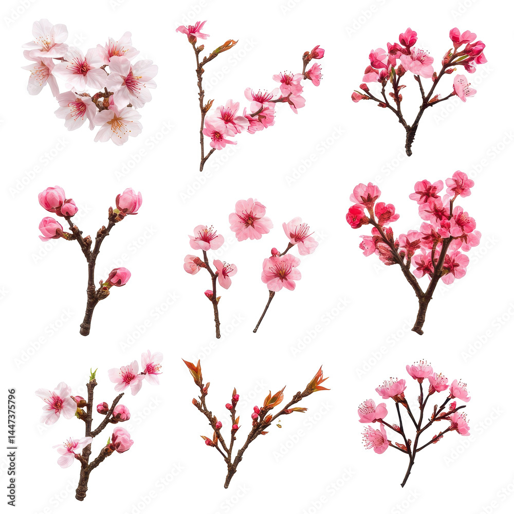 Beautiful collection of cherry blossom branches showcasing various hues and forms in springtime display Beautiful collection of cherry blossom branches showcasing various hues and forms in springtime display