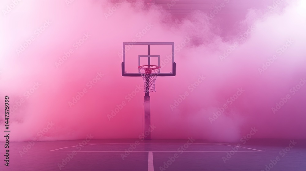 Naklejka premium Basketball hoop in pink smoky indoor court.