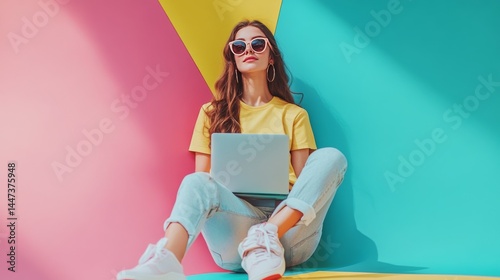 A young woman with a laptop and new shoes sits on a colorful background. It's a Black Friday sale.
