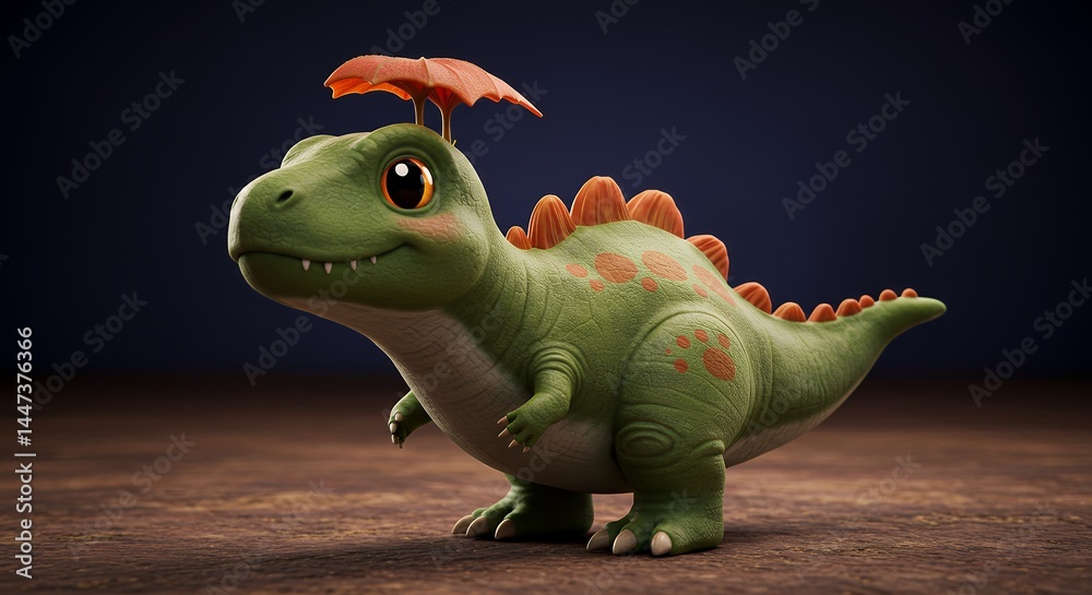 Fototapeta premium Adorable Dinosaur Character Standing on Wood with Orange Leaf Decoration