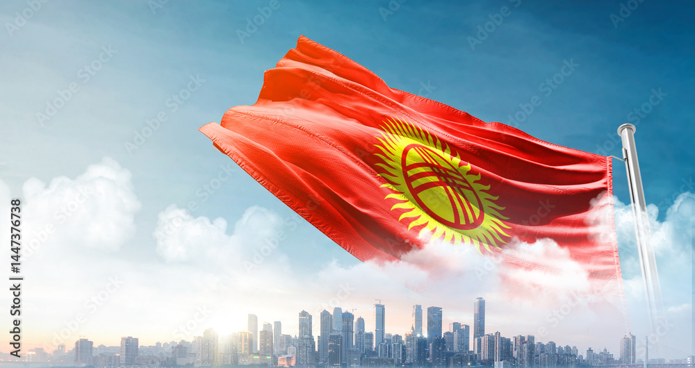 Kyrgyzstan national flag waving in the sky with cityscape. Kyrgyzstan national flag for independence day. Kyrgyzstan national flag waving in the sky with cityscape. Kyrgyzstan national flag for independence day.