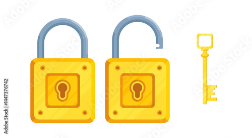 Illustration of detailed locks with open and closed lock and key