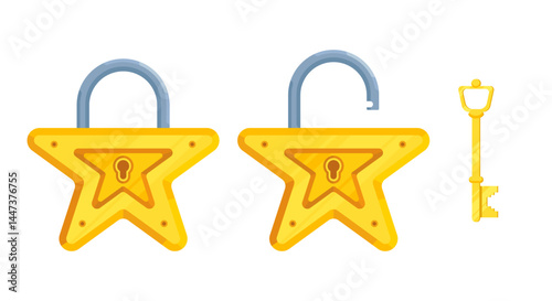 Illustration of detailed star shaped locks with open and closed lock and key
