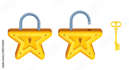 Illustration of detailed star shaped locks with open and closed lock and key