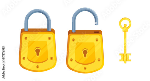 Illustration of detailed locks with open and closed lock and key