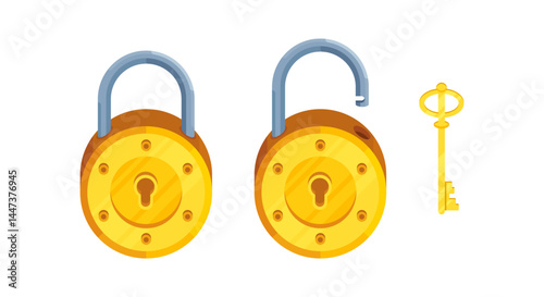 Illustration of detailed round locks with open and closed lock and key