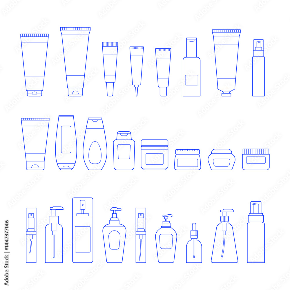 Fototapeta premium Collection of illustrations of cosmetics packaging in outline style