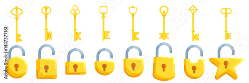 Set of illustrations of locks of different shapes in yellow color along with keys